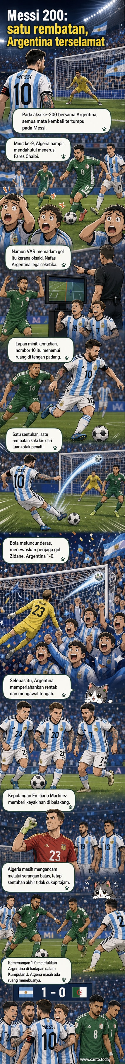 Lionel Messi merayakan golnya dengan tangan terangkat di tengah padang, diiringi rakan sepasukan, dalam perlawanan Piala Dunia 2026 menentang Algeria.