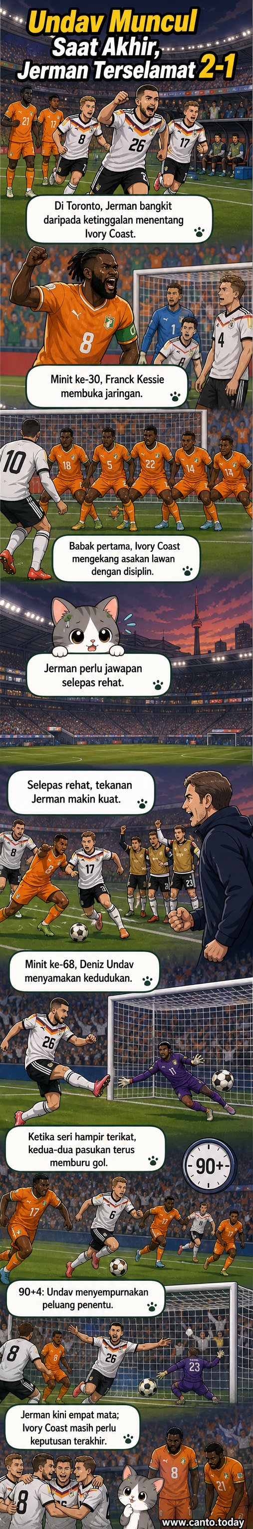 Pemain Jerman Deniz Undav merayakan gol kemenangan melawan Ivory Coast di padang rumput pada waktu malam, dengan penyokong menyaksikan dari belakang.