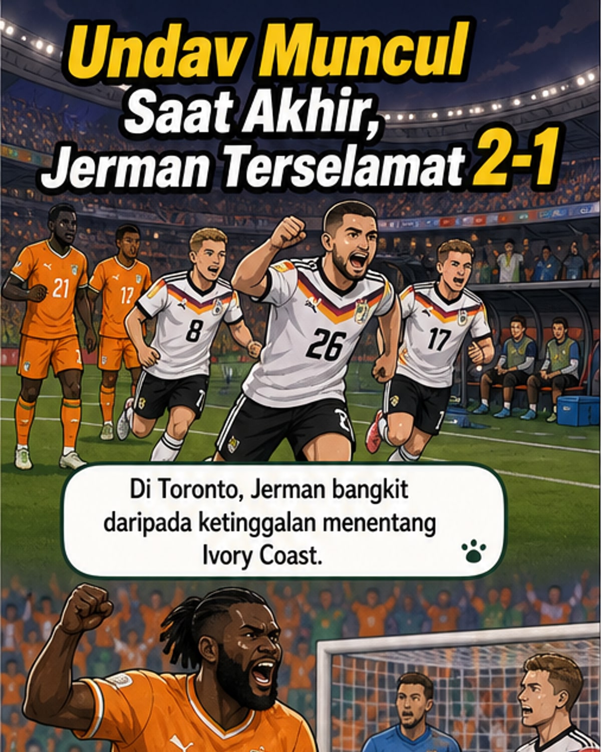 Pemain Jerman Deniz Undav merayakan gol kemenangan melawan Ivory Coast di padang rumput pada waktu malam, dengan penyokong menyaksikan dari belakang.