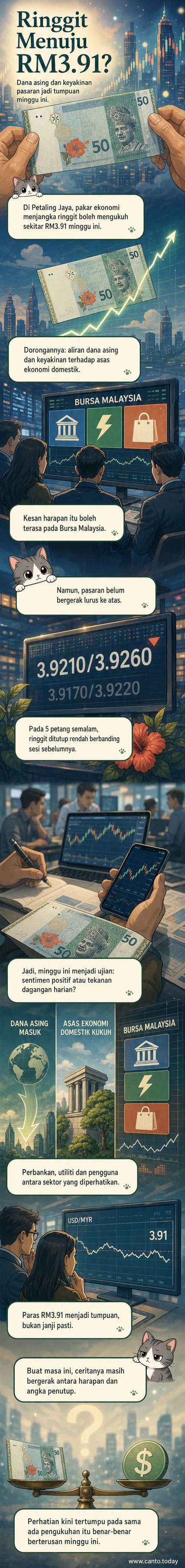 Ilustrasi ringgit Malaysia mengukuh berbanding dolar AS dengan latar belakang grafik pasaran saham dan aliran dana.