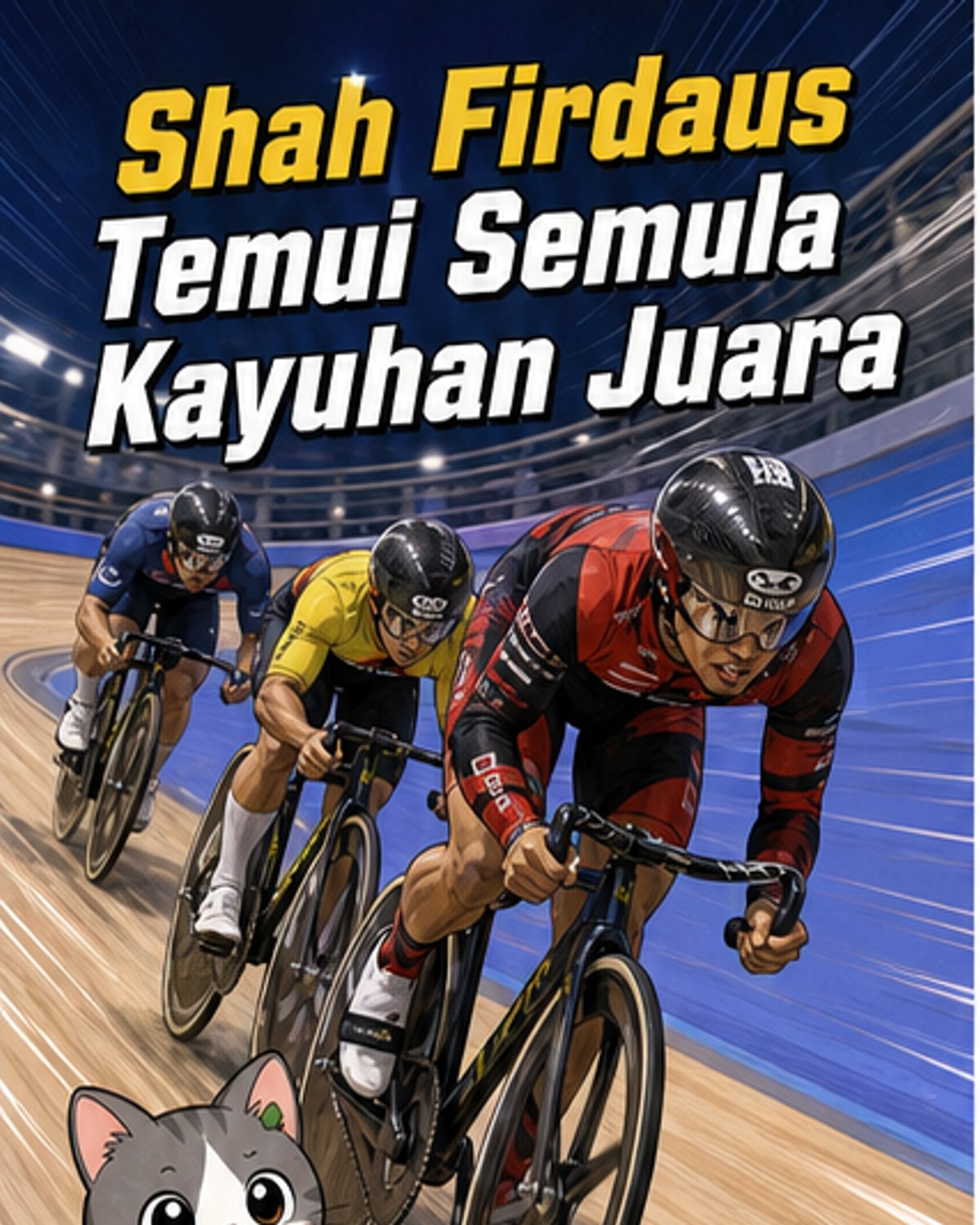 Pelumba berbasikal Malaysia, Muhammad Shah Firdaus, berada di depan dalam acara keirin di velodrom, memacu laju dengan jersi kebangsaan.
