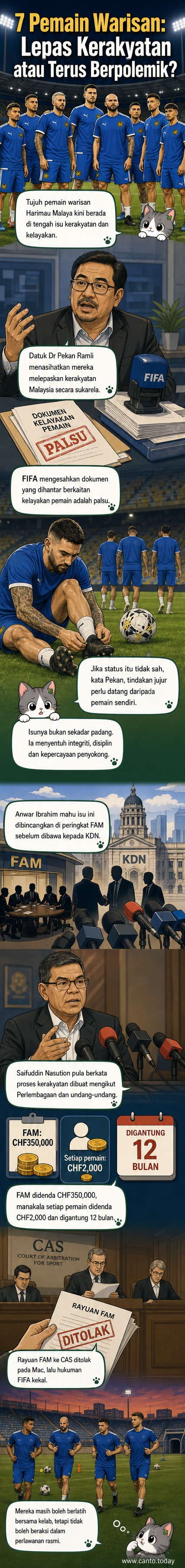 Tujuh pemain bola sepak warisan berdiri dalam formasi, dengan latar belakang dokumen yang dipalsukan dan logo FIFA bersama hukuman denda dan penggantungan.