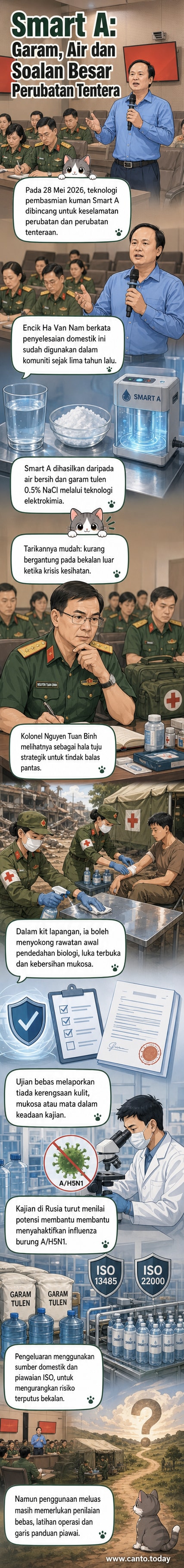 Ilustrasi larutan Smart A dalam botol kecil dengan latar belakang makmal dan simbol elektrokimia, menunjukkan proses penghasilan dari air dan garam.