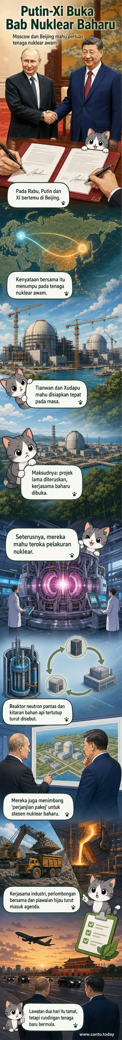 Ilustrasi dua pemimpin Rusia dan China berdiri di hadapan reaktor nuklear simbolik dengan latar belakang peta dan ikon tenaga, menunjukkan kerjasama strategik dalam tenaga nuklear awam.