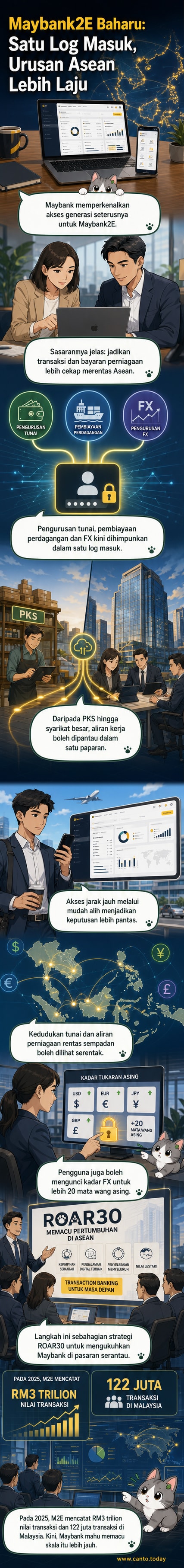 Ilustrasi platform digital Maybank2E dengan antara muka antarabangsa, menunjukkan transaksi merentas sempadan dan sokongan pelbagai mata wang.
