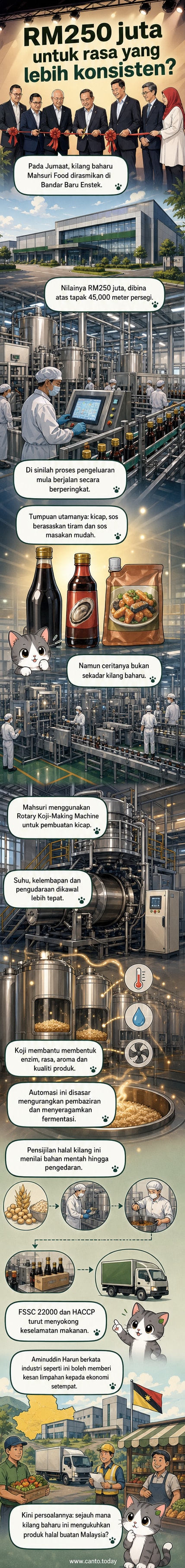 Gambar rasmi perasmian kilang Mahsuri Food di Bandar Baru Enstek dengan pegawai syarikat dan Menteri Besar Negeri Sembilan memotong reben bersama.