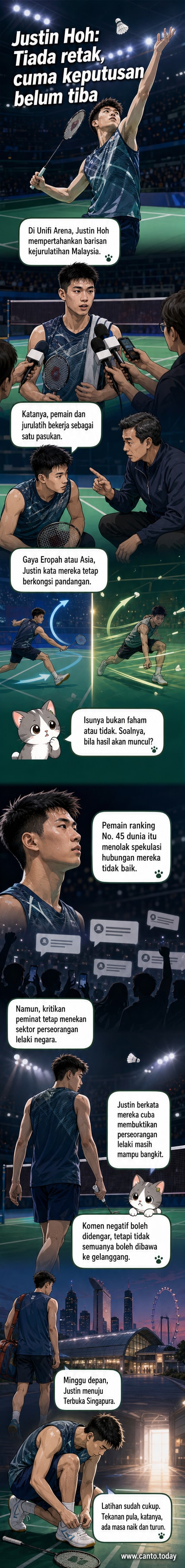 Pemain badminton Justin Hoh berdiri di gelanggang sambil memegang raket, latar belakang jurulatih dan pasukan sokongan.