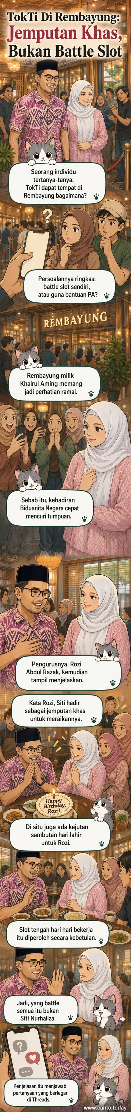 Ilustrasi Siti Nurhaliza di restoran Rembayung dengan pengurusnya, dikelilingi suasana kejutan hari lahir ringkas.