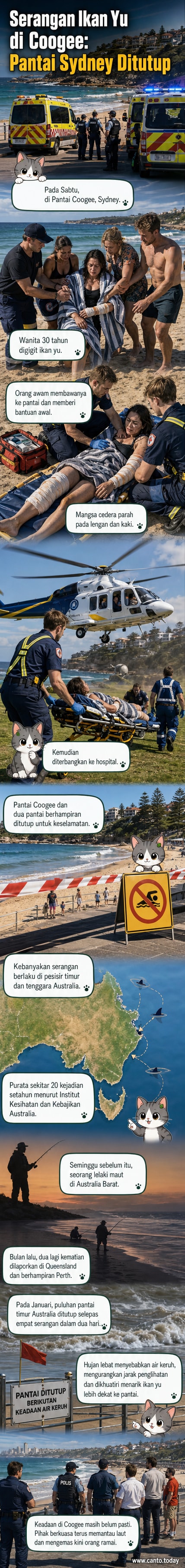 Ilustrasi pantai di Sydney dengan tanda lokasi serangan ikan yu dan petugas kecemasan membantu mangsa.