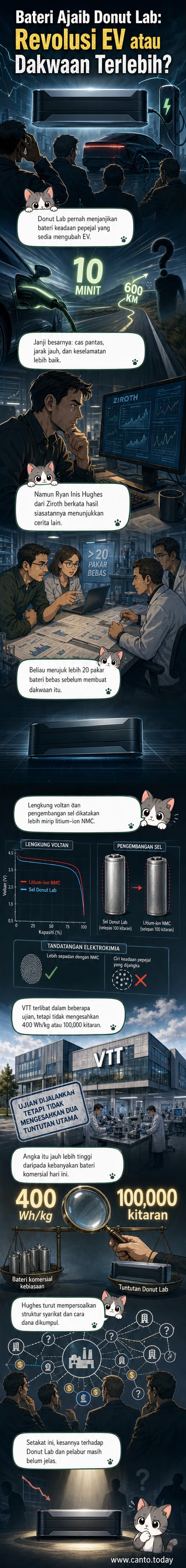 Ilustrasi bateri kenderaan elektrik dengan tanda soal besar, menunjukkan keraguan terhadap dakwaan prestasi tinggi oleh syarikat Donut Lab.