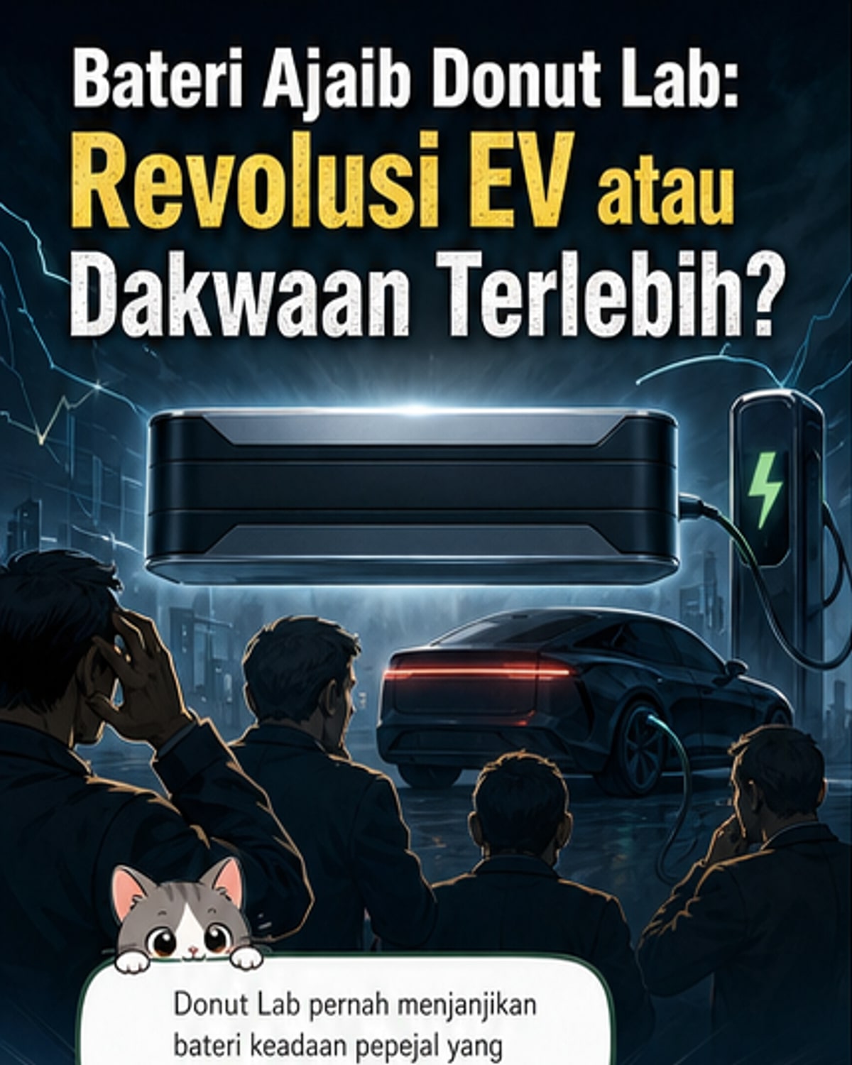 Ilustrasi bateri kenderaan elektrik dengan tanda soal besar, menunjukkan keraguan terhadap dakwaan prestasi tinggi oleh syarikat Donut Lab.