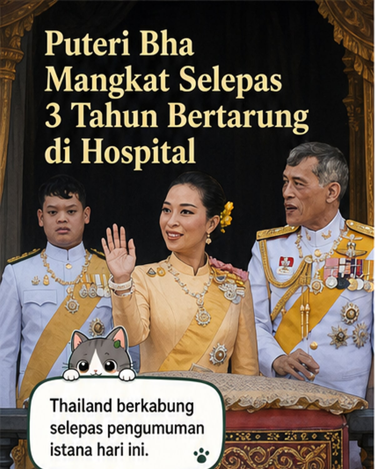Lukisan potret Puteri Bajrakitiyabha Mahidol dengan latar Istana Besar Bangkok, menggambarkan momen perpisahan rasmi.