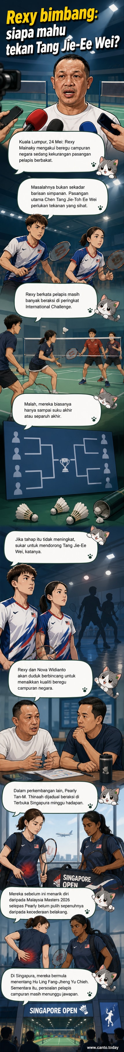 Pelatih badminton Rexy Mainaky berbincang dengan pasangan beregu campuran Malaysia di tepi gelanggang, latar belakang pemain muda berlatih di latar belakang.