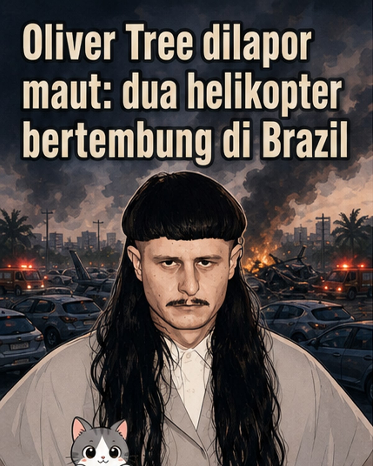Ilustrasi penyanyi Oliver Tree dengan rambut mangkuk di atas pentas, latar belakang helikopter terbakar di langit Rio de Janeiro.