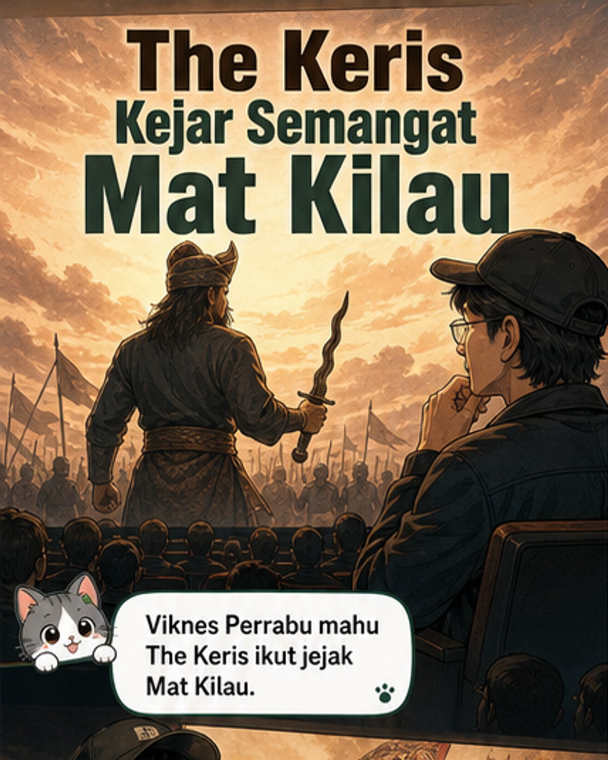 Poster filem 'The Keris' menunjukkan seorang lelaki memegang keris di hadapan latar belakang gelap, dengan aksen warna emas dan siluet seni bela diri di latar.