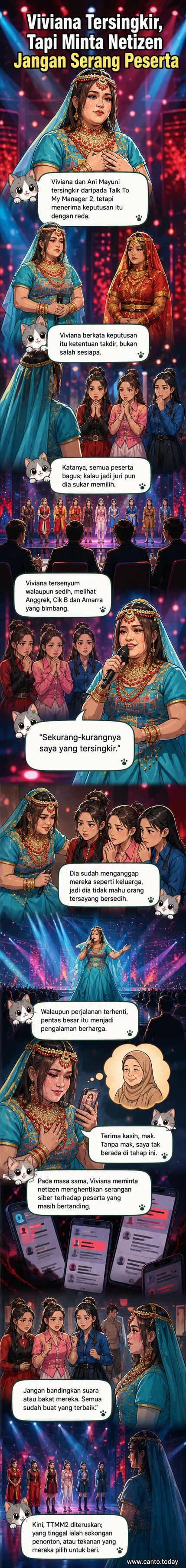 Pelukis menyampaikan mesej empati selepas tersingkir dari pertandingan nyanyian, dengan latar belakang pentas besar dan imej peserta lain yang dikelilingi sokongan.