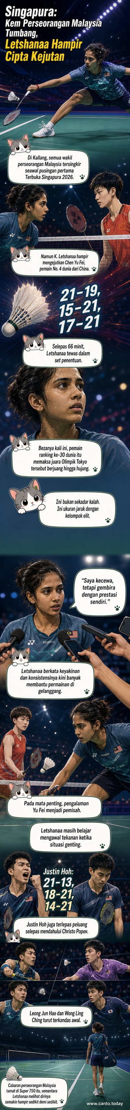 Pemain badminton wanita Malaysia, K. Letshanaa, bertarung sengit melawan pemain China dalam perlawanan tiga set di Kejohanan Badminton Terbuka Singapura 2026.
