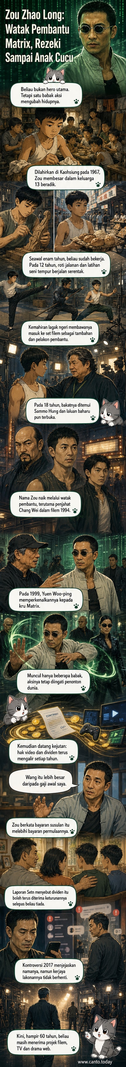 Pelakon Zou Zhao Long dalam kostum filem aksi, berlatar belakang adegan 'The Matrix' dengan gaya visual neo-noir.