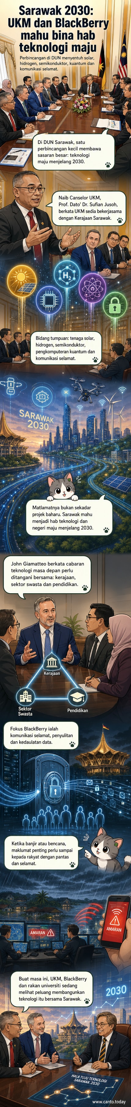 Ilustrasi dua belah pihak berjabat tangan di hadapan peta Sarawak dengan ikon teknologi moden seperti kuantum, solar, dan komunikasi selamat mengelilingi mereka.