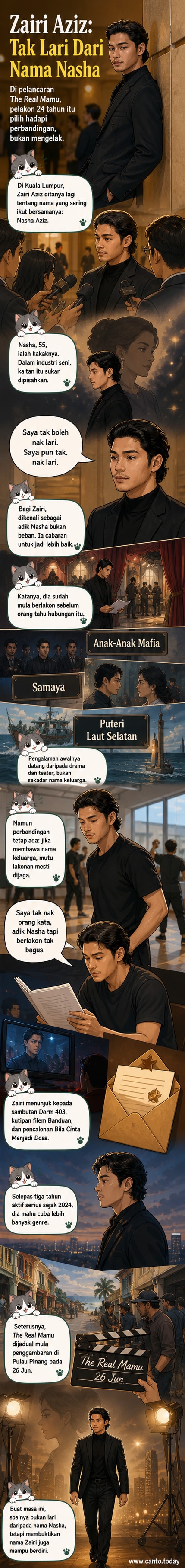 Zairi Aziz berdiri bersama pelakon lain semasa pelancaran filem The Real Mamu di Royale Chulan Kuala Lumpur, memakai baju hitam dengan senyuman tenang.