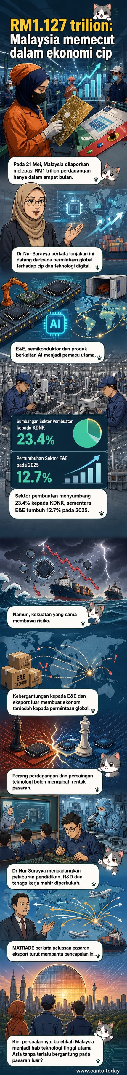 Ilustrasi peta Malaysia dengan ikon elektronik, cip semikonduktor, dan gelombang data menghubungkan ke global, menunjukkan pertumbuhan ekonomi teknologi tinggi.