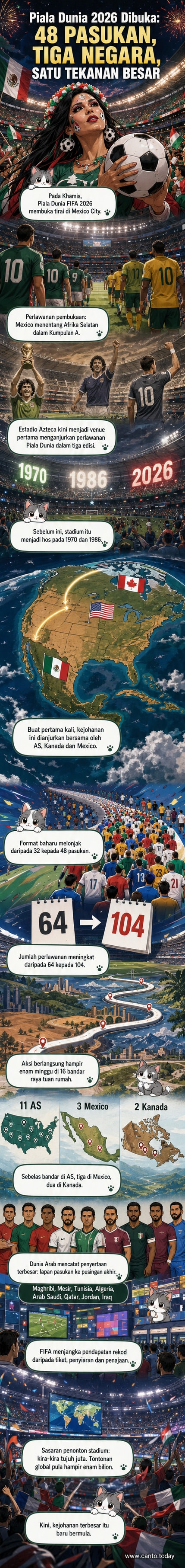 Estadio Azteca di Mexico City bersedia untuk perlawanan pembukaan Piala Dunia FIFA 2026, dengan bendera tiga negara tuan rumah — AS, Kanada, Mexico — berkibar.