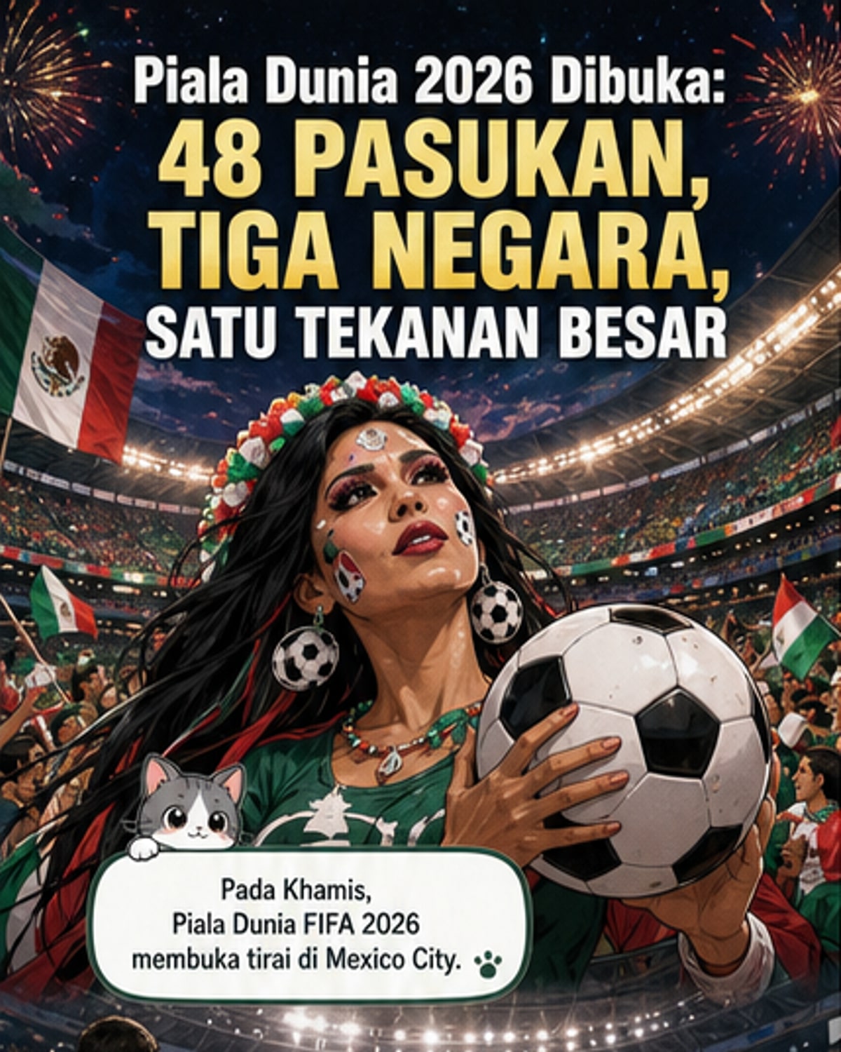 Estadio Azteca di Mexico City bersedia untuk perlawanan pembukaan Piala Dunia FIFA 2026, dengan bendera tiga negara tuan rumah — AS, Kanada, Mexico — berkibar.