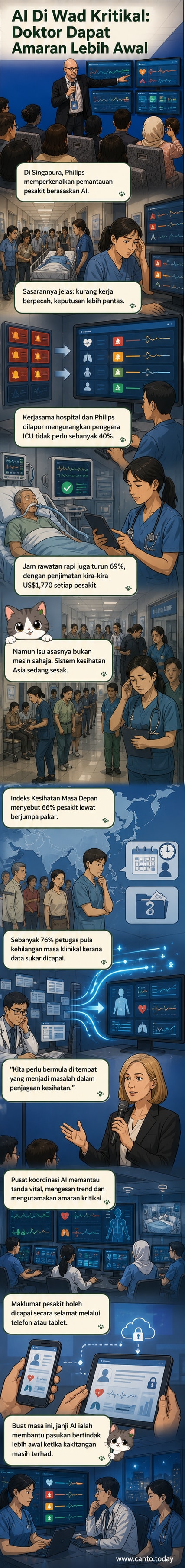 Ilustrasi doktor melihat skrin pemantauan pesakit dengan data jantung dan tanda vital, disokong oleh sistem AI yang menunjukkan amaran dan analisis trend.