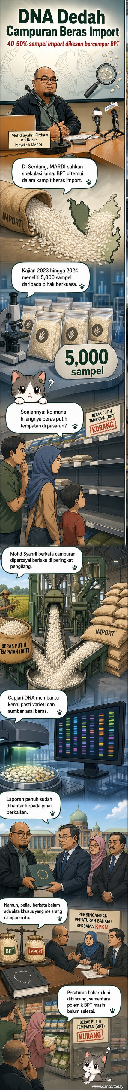 Ilustrasi alur kajian DNA ke atas beras menunjukkan proses pengambilan sampel, ekstraksi DNA, dan analisis capjari untuk mengesan campuran beras putih tempatan dalam beras import.