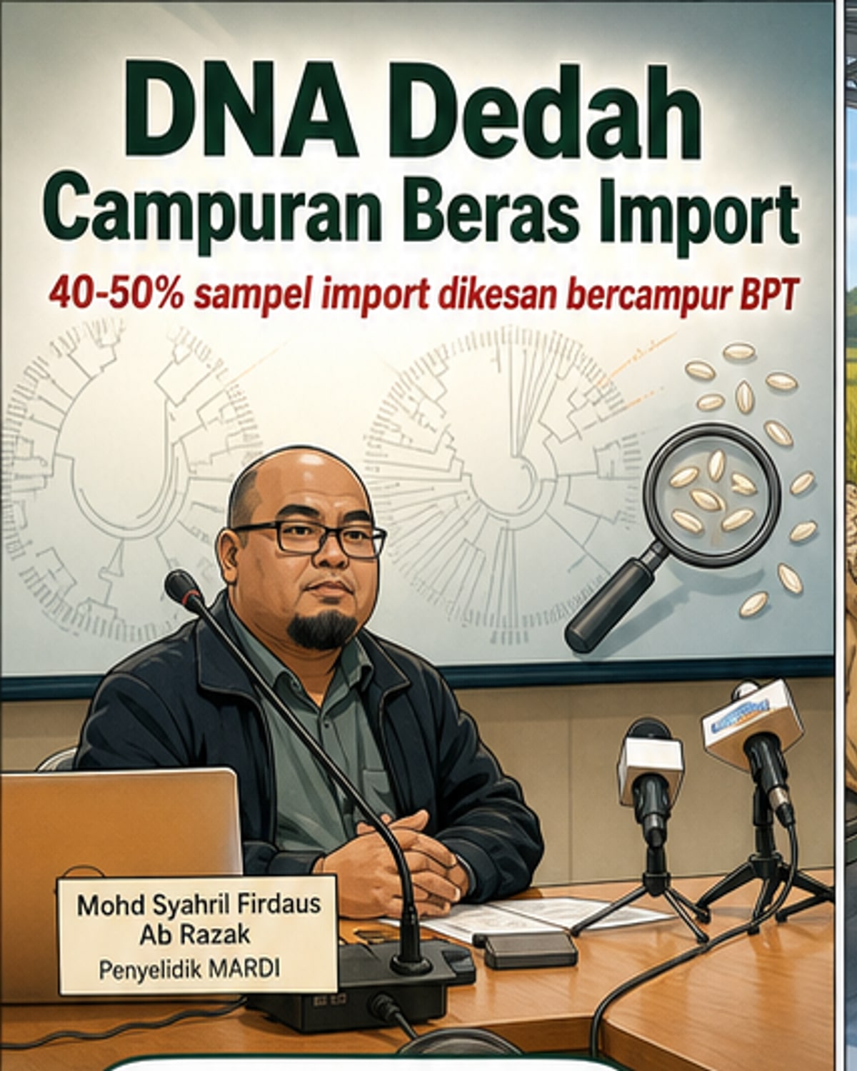 Ilustrasi alur kajian DNA ke atas beras menunjukkan proses pengambilan sampel, ekstraksi DNA, dan analisis capjari untuk mengesan campuran beras putih tempatan dalam beras import.