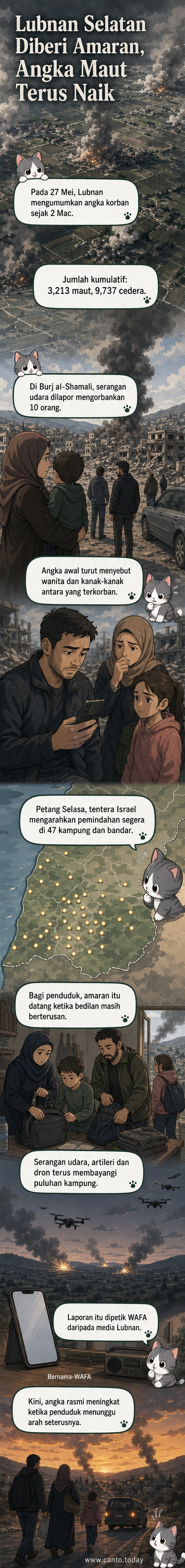 Ilustrasi webtoon menunjukkan konflik di selatan Lubnan dengan asap tebal dari serangan udara, simbol tentera Israel, dan kawasan yang dikenakan amaran pemindahan.
