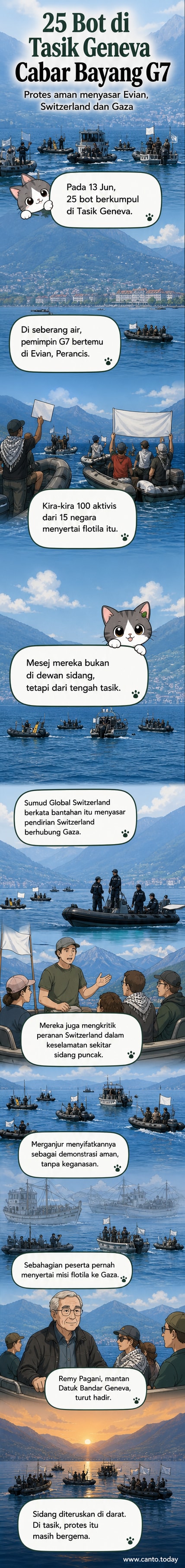 Flotila 25 bot di Tasik Geneva mengelilingi kawasan berhadapan Bandar Evian semasa bantahan terhadap Sidang Puncak G7, dengan bendera protes berkibar tinggi.