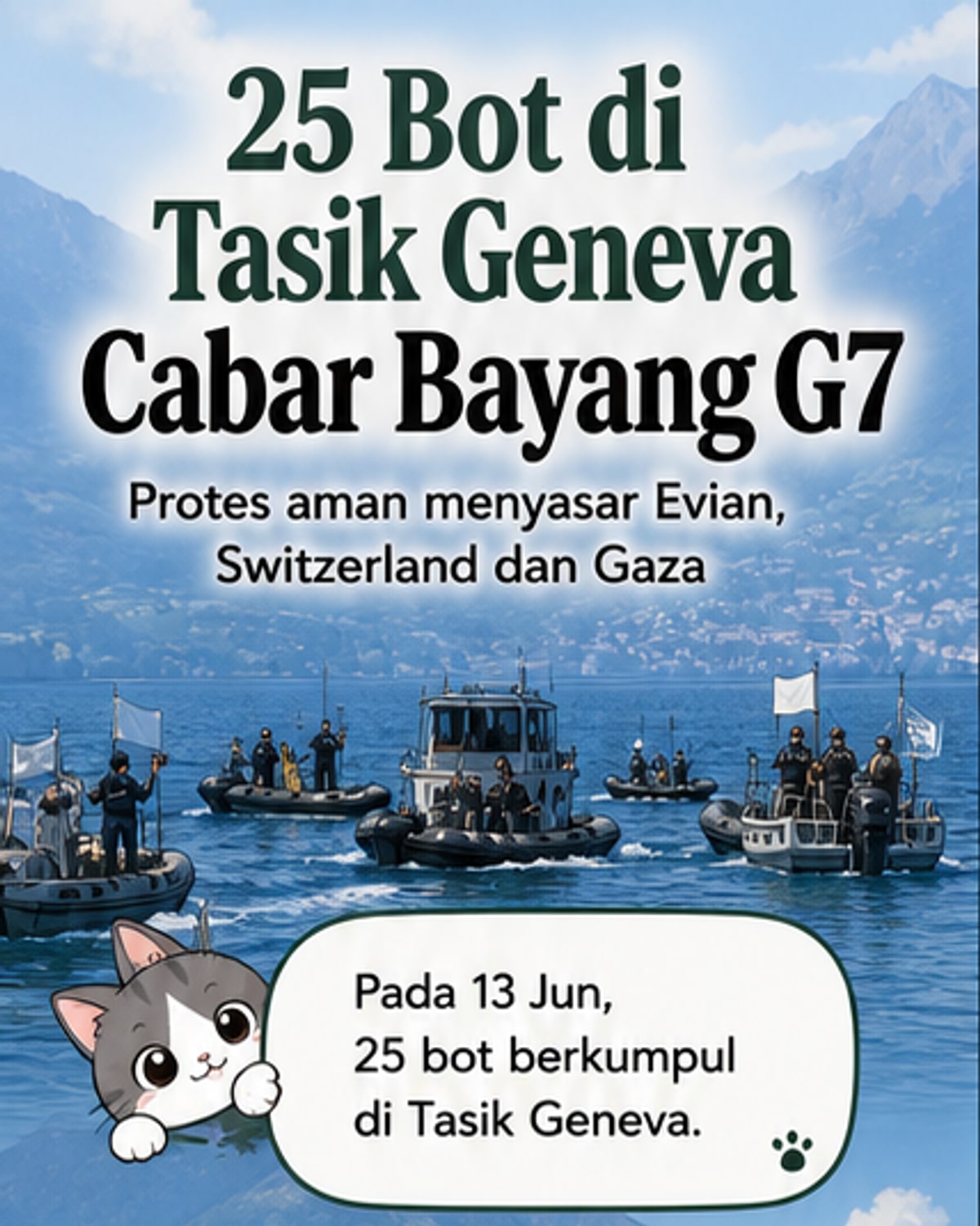 Flotila 25 bot di Tasik Geneva mengelilingi kawasan berhadapan Bandar Evian semasa bantahan terhadap Sidang Puncak G7, dengan bendera protes berkibar tinggi.