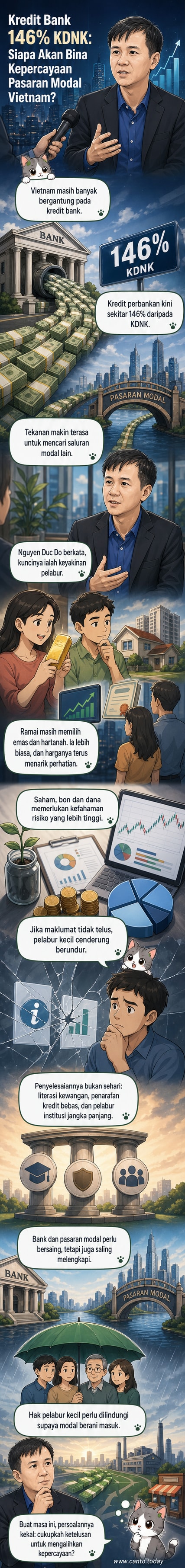 Ilustrasi dua saluran kewangan: bank tradisional dan pasaran modal, dengan anak panah menunjukkan peralihan modal dari bank ke pasaran modal yang lebih pelbagai dan telus.