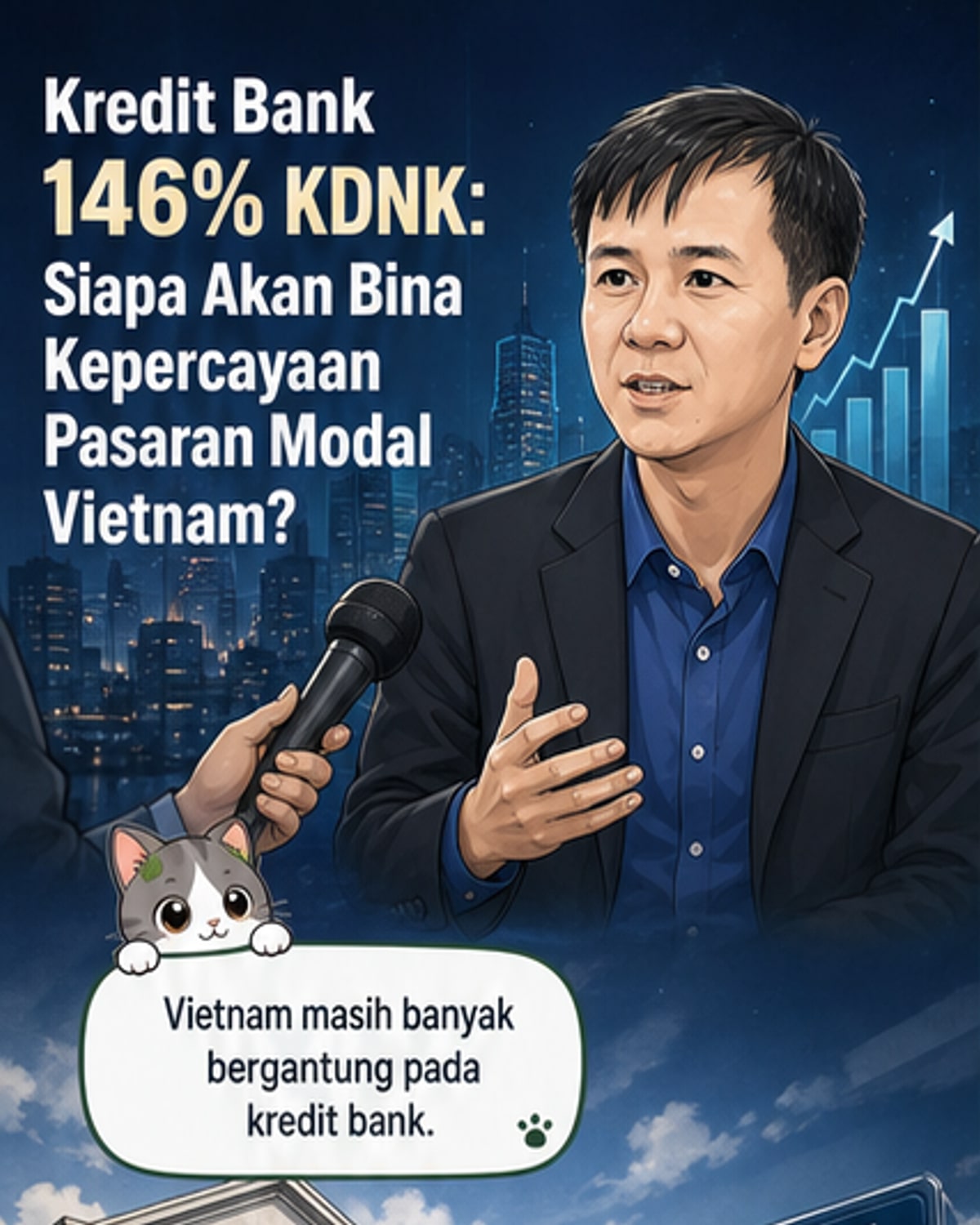 Ilustrasi dua saluran kewangan: bank tradisional dan pasaran modal, dengan anak panah menunjukkan peralihan modal dari bank ke pasaran modal yang lebih pelbagai dan telus.