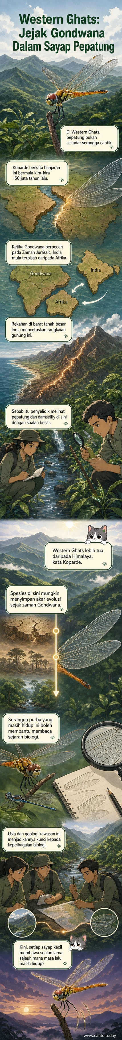 Ilustrasi banjaran gunung Western Ghats dengan pepatung purba terbang di atas hutan hujan purba, latar belakang pecahan benua Gondwana 150 juta tahun lalu.