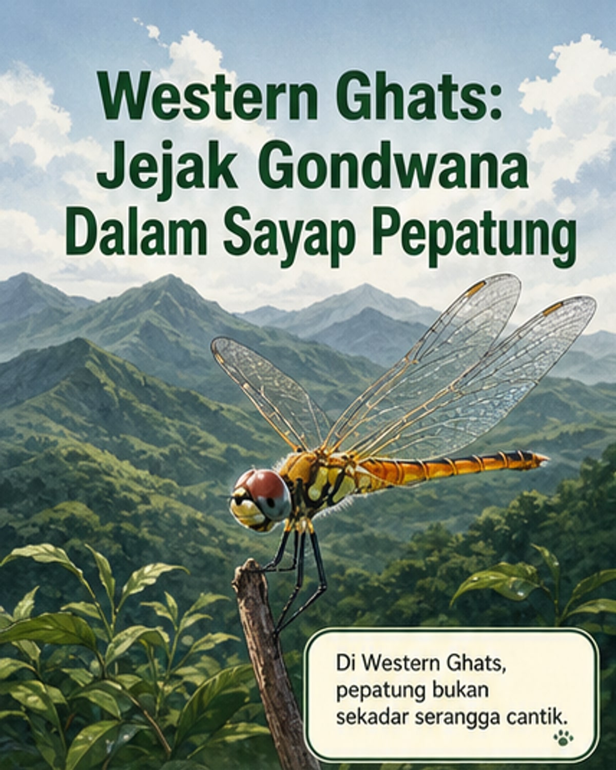 Ilustrasi banjaran gunung Western Ghats dengan pepatung purba terbang di atas hutan hujan purba, latar belakang pecahan benua Gondwana 150 juta tahun lalu.