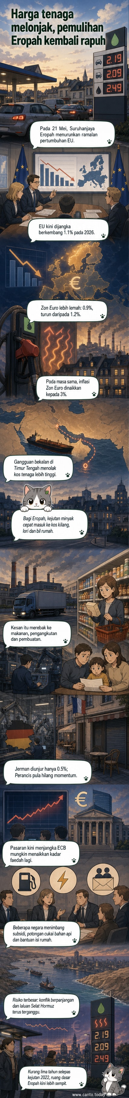 Stesen minyak di Saint-Nazaire, Perancis dengan senarai harga tinggi, menggambarkan tekanan inflasi tenaga di Eropah pada Mei 2026.