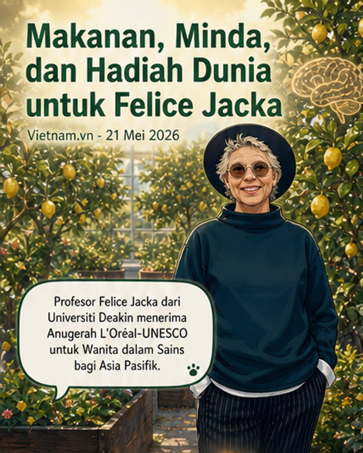 Gambar Profesor Felice Jacka dengan latar belakang ilustrasi otak dan mikrobiom usus, menunjukkan hubungan antara diet dan kesihatan mental.