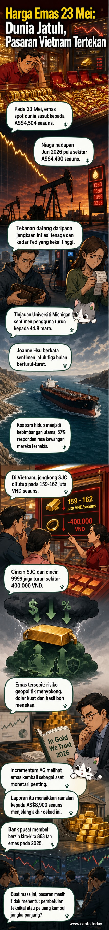 Grafik turun harga emas global dan domestik pada 23 Mei 2026, dengan latar belakang dolar AS yang kukuh dan tekanan inflasi.