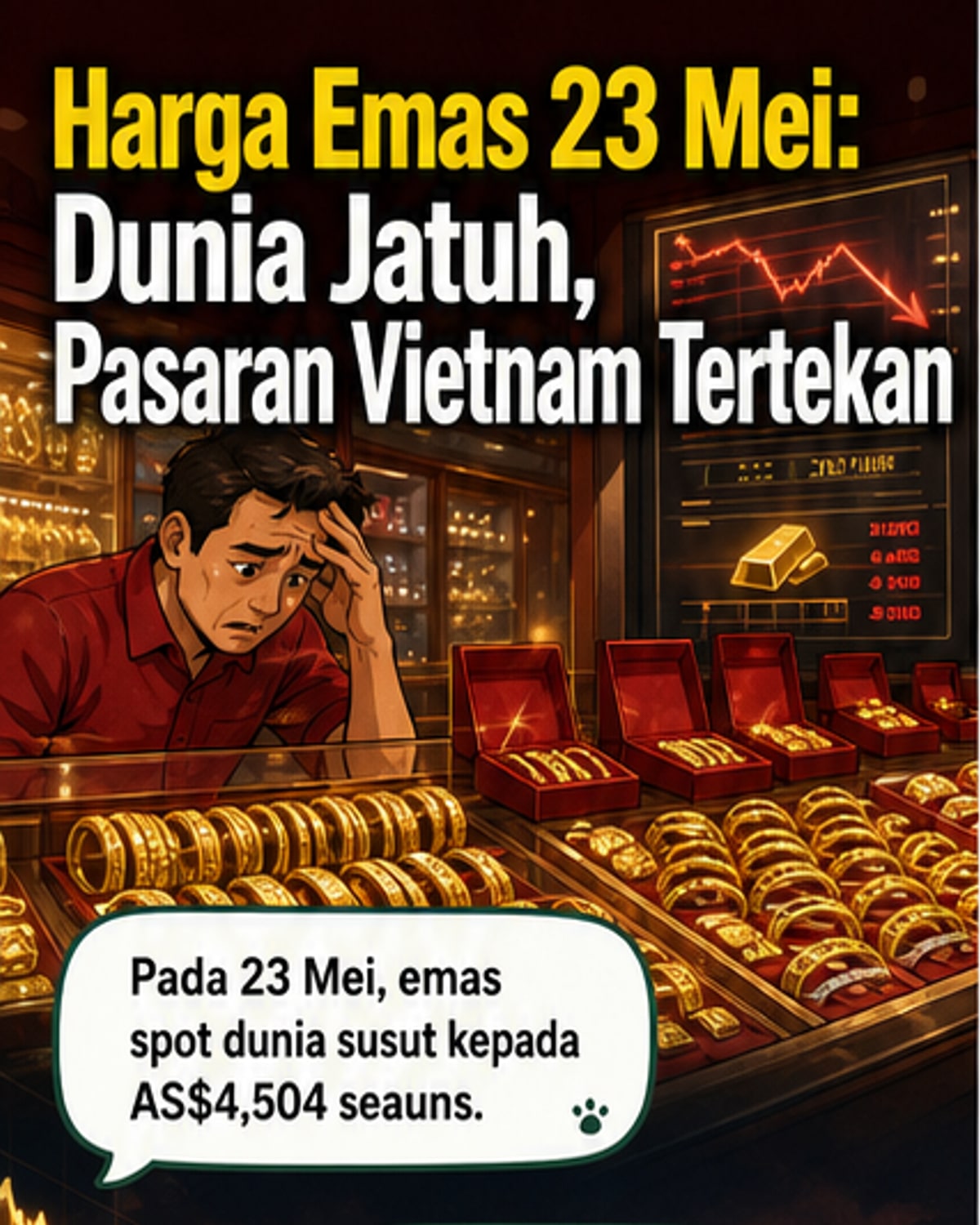 Harga emas dunia jatuh, tekanan turun di pasaran domestik