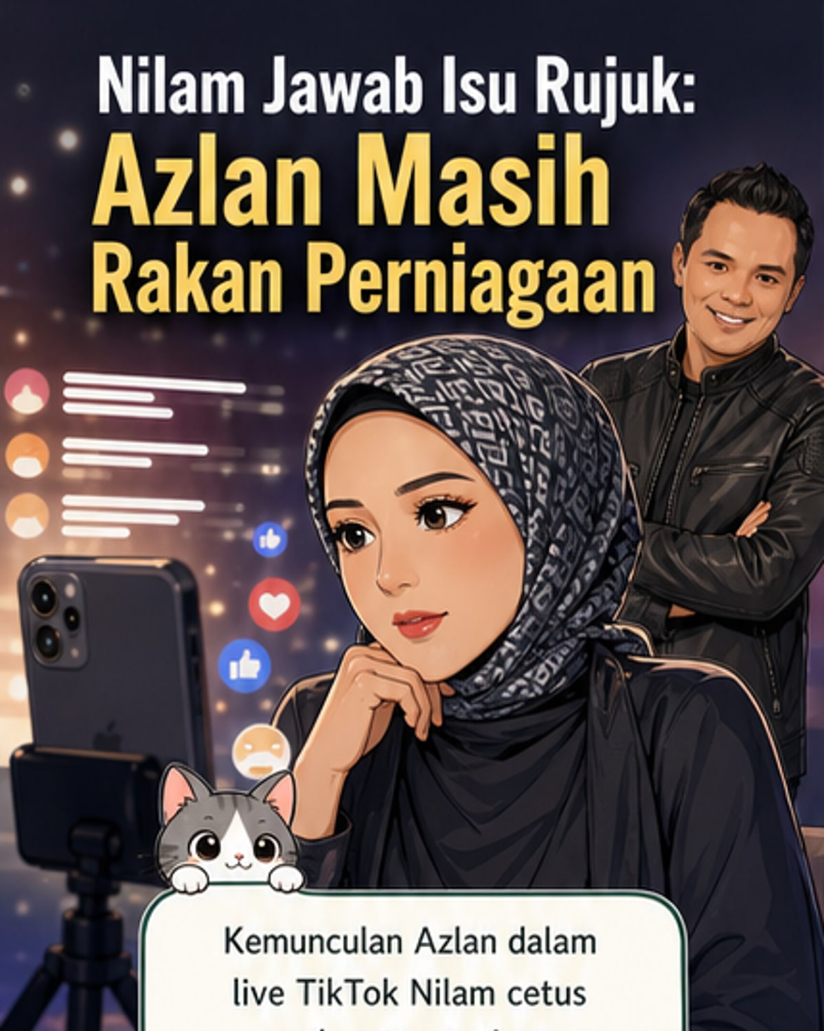 Gambar artis Nur Nilam Ortiz dan Azlan Komeng dalam konteks siaran langsung dan perniagaan, dengan latar belakang elemen produk kecantikan dan logo Nilam Empire.