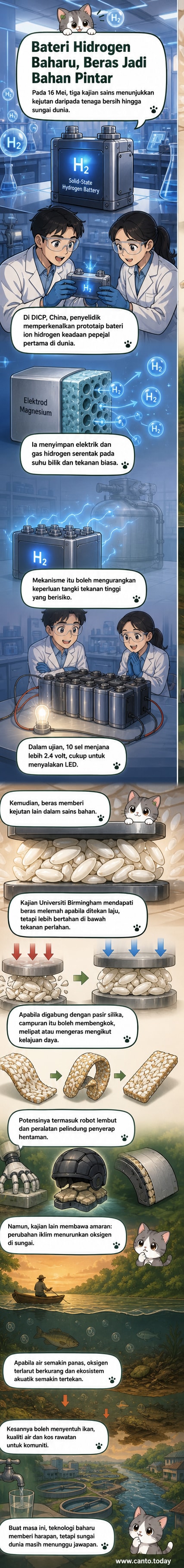 Ilustrasi bateri ion hidrogen pepejal dan butiran beras yang dimampatkan, mewakili dua penyelidikan teknologi baharu dalam penyimpanan tenaga dan sains bahan.