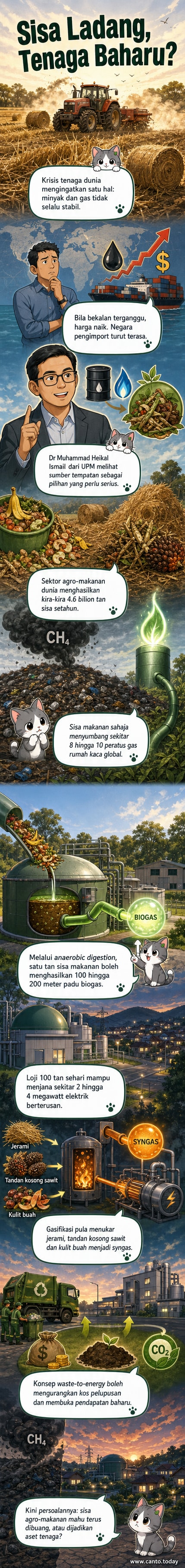 Ilustrasi proses menukar sisa makanan dan pertanian kepada tenaga melalui teknologi hijau seperti penghadaman anaerobik dan gasifikasi.