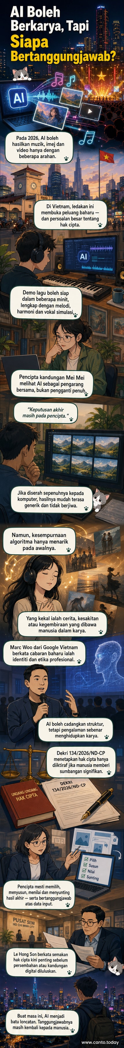 Ilustrasi seniman digital menggunakan antara muka AI untuk menghasilkan muzik dan imej, dengan kod dan algoritma mengalir di sekitar skrin.