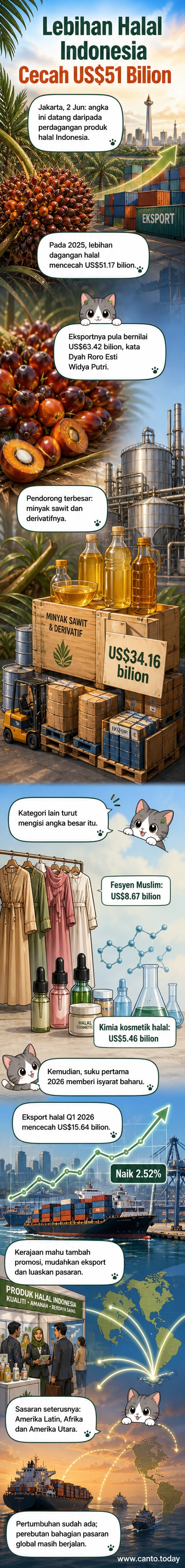 Ilustrasi kapal kargo membawa kotak bertulis 'Produk Halal Indonesia' keluar dari pelabuhan dengan latar belakang peta dunia dan ikon minyak sawit, pakaian Muslim, dan kosmetik.