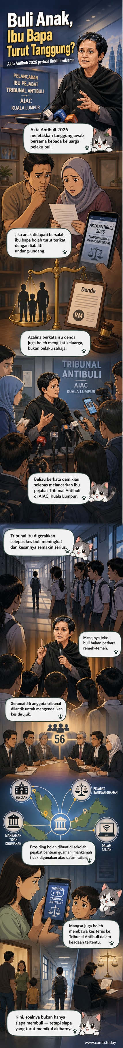 Ilustrasi dua orang dewasa dan seorang kanak-kanak di hadapan simbol tribunal, dengan teks 'Akta Antibuli 2026' dan 'Tanggungjawab Ibu Bapa'