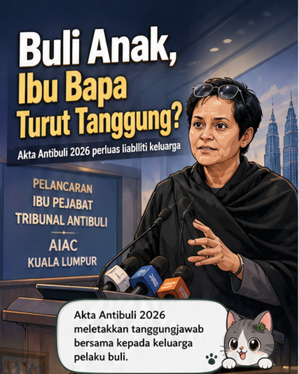 Ilustrasi dua orang dewasa dan seorang kanak-kanak di hadapan simbol tribunal, dengan teks 'Akta Antibuli 2026' dan 'Tanggungjawab Ibu Bapa'
