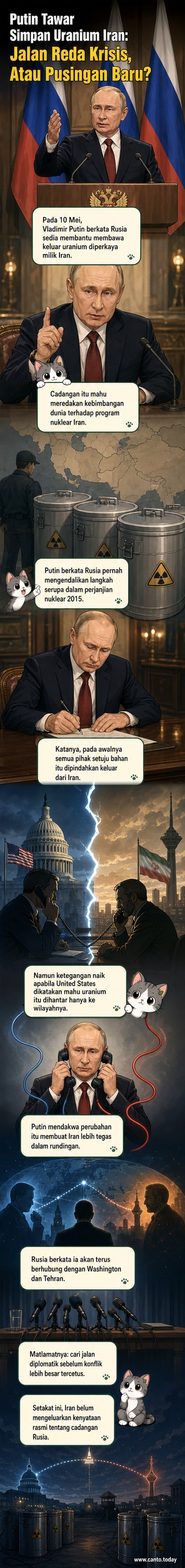 Ilustrasi Presiden Rusia Vladimir Putin menawarkan simpanan uranium Iran dalam satu sidang media, dengan latar belakang peta Timur Tengah dan simbol nuklear.