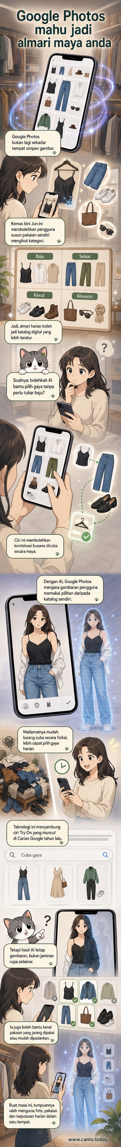 Ilustrasi seseorang menggunakan telefon untuk melihat imej maya dirinya menggayakan pelbagai pakaian dari katalog digital dalam aplikasi Google Photos.